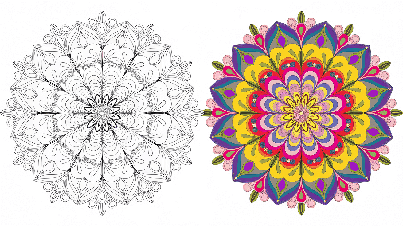 Coloring Page Cover Of A Mandala, Left Side Uncolored, Right Side Fully Colored In Vibrant Patterns.