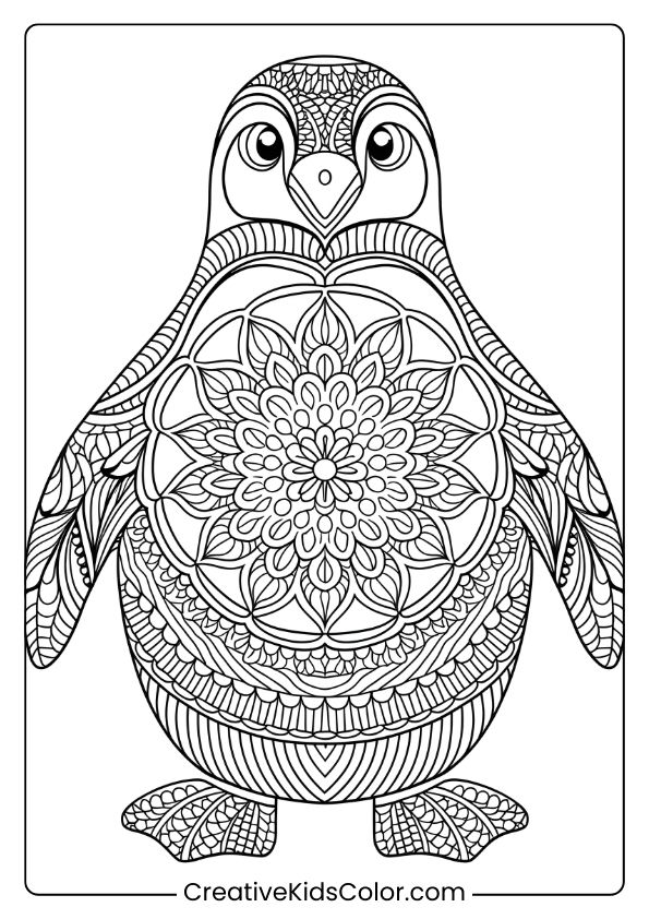 An Intricate Mandala-Style Penguin With Detailed Patterns, A Relaxing And Artistic Coloring Page.