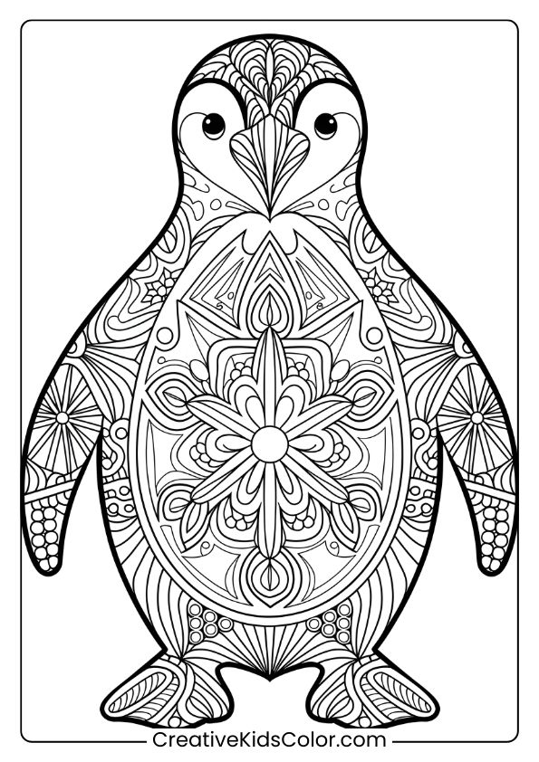 A Mandala Penguin With Intricate Winter Designs, A Relaxing Coloring Page For All Ages.