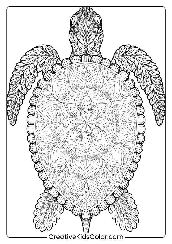 Mandala Turtle Coloring Page, Featuring Floral And Geometric Patterns Across The Shell And Flippers.