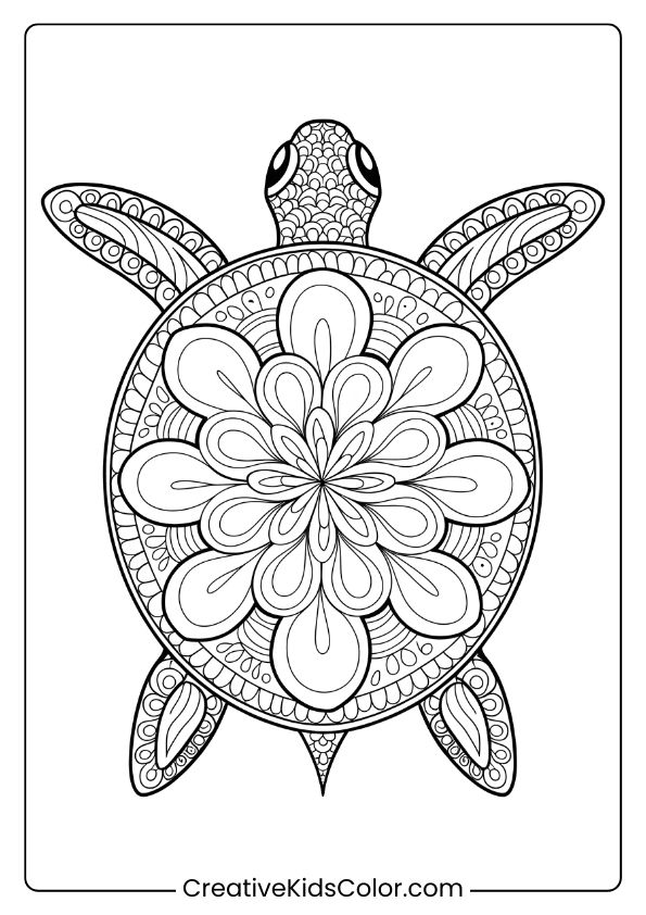 Circular Mandala Turtle Coloring Page, Featuring Symmetrical Patterns Perfect For Relaxation.