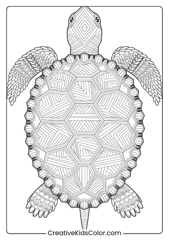 Mandala Turtle Coloring Page With Geometric Patterns, Ideal For Fans Of Detailed Coloring Pages.