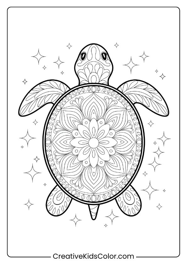 Mandala Turtle With Stars Coloring Page, Featuring Intricate Designs And A Cosmic-Inspired Background.