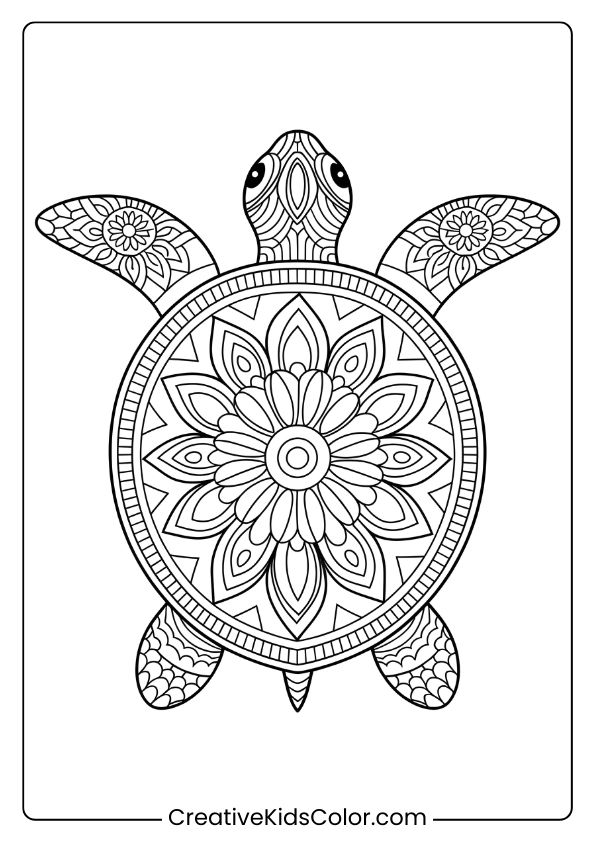 Mandala Turtle Coloring Page With Elaborate Designs, Perfect For Detailed Coloring Enthusiasts.