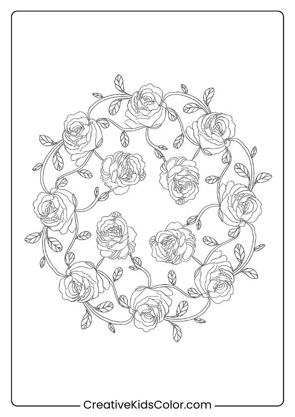 Rose Mandala Coloring Page With Intricate Vines And Petals In A Balanced Circular Design, Perfect For Mindful Coloring.