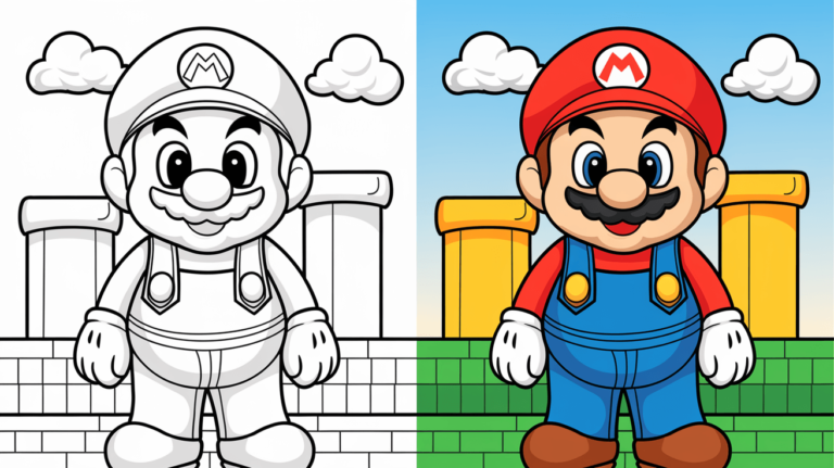Coloring Page Cover Of Mario, Left Side Uncolored, Right Side Fully Colored In His Signature Outfit.