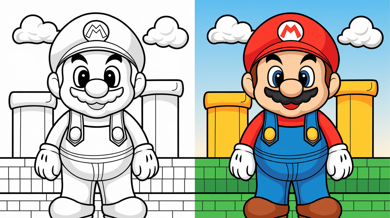 Coloring Page Cover Of Mario, Left Side Uncolored, Right Side Fully Colored In His Signature Outfit.