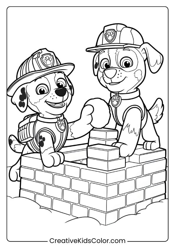 Paw Patrol Ausmalbild Mit Marshall Und Rubble In Bauausrüstung, Während Sie Eine Schneefestung Bauen.
