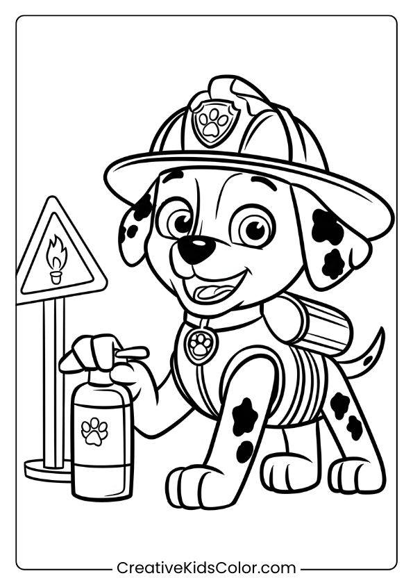 Paw Patrol Ausmalbild Mit Marshall In Feuerwehrkleidung, Mit Einem Feuerlöscher In Der Hand.

