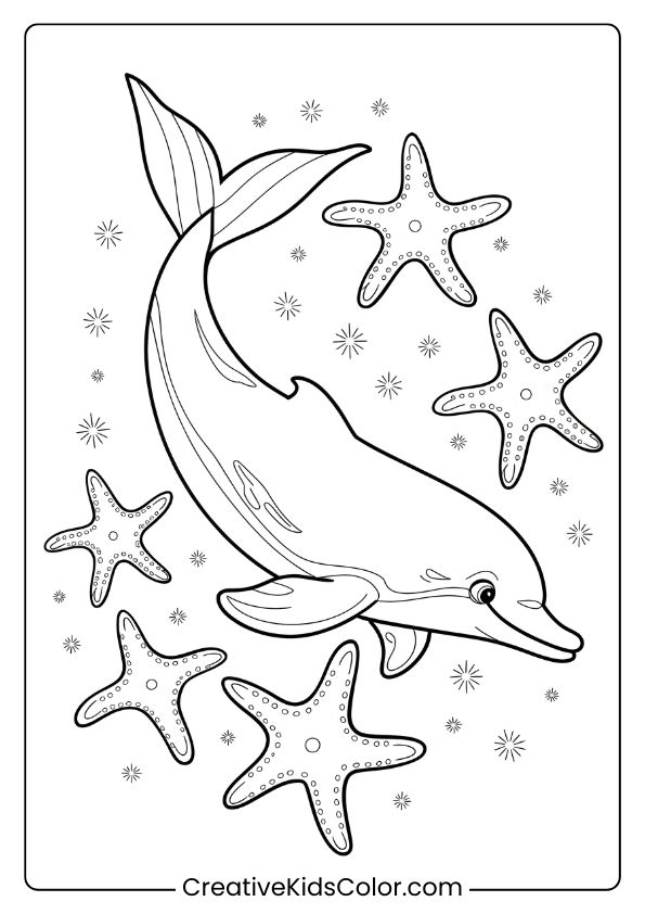 A Mermaid-Themed Dolphin With Glittering Starfish, A Magical Coloring Page Scene.
