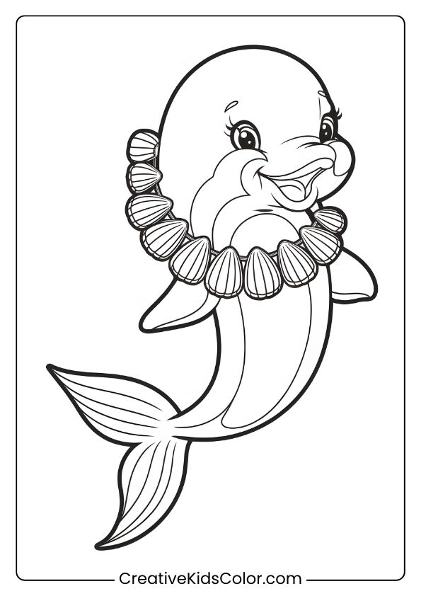 A Mermaid-Themed Dolphin With A Seashell Necklace, Perfect For An Enchanting Coloring Page.