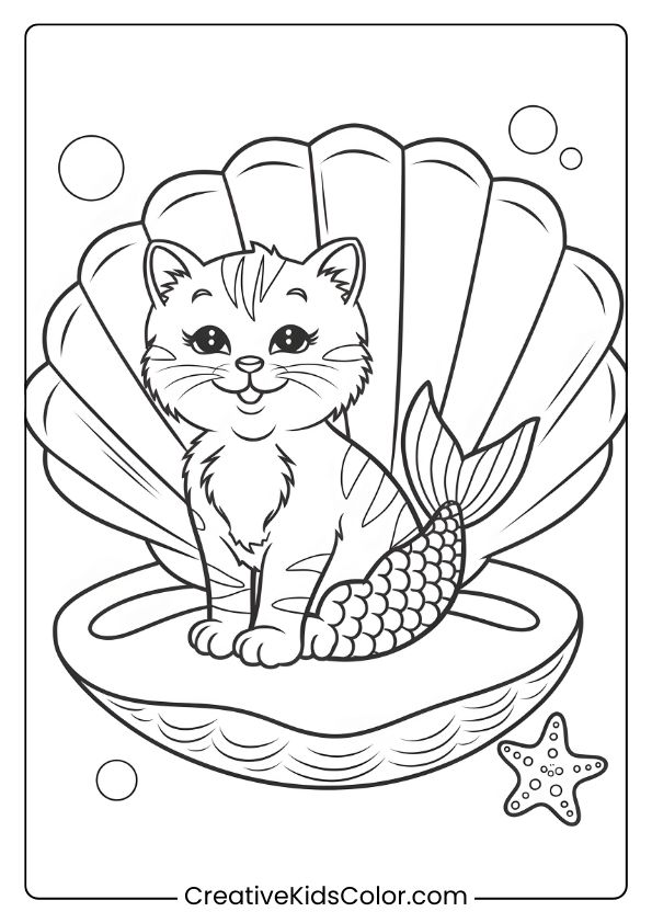 A Magical Mermaid Kitten On A Seashell, With Bubbles Nearby, Creating A Fun Underwater Coloring Page.