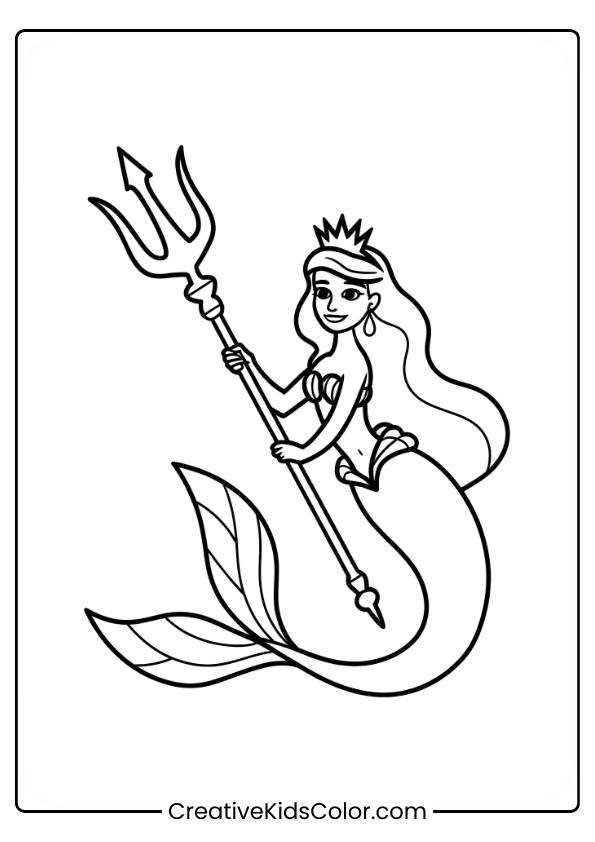 Mermaid Holding A Trident With A Crown On Her Head, Her Tail Curving Gracefully In This Majestic Underwater Coloring Page.