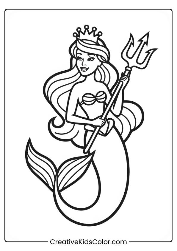 Mermaid Princess Holding A Magic Trident, Her Tail Curving Upward In This Powerful And Majestic Coloring Page.