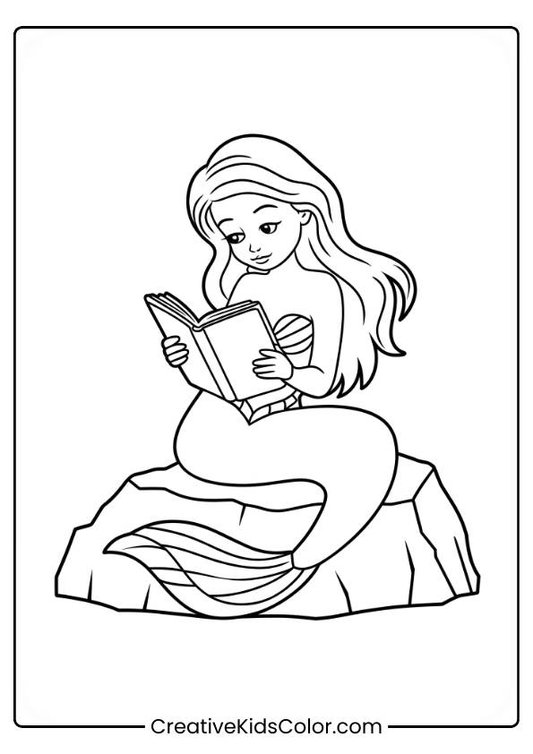 Mermaid Reading A Book While Sitting On A Rock, With Her Tail Curling Gracefully Around Her In This Calming Coloring Page.