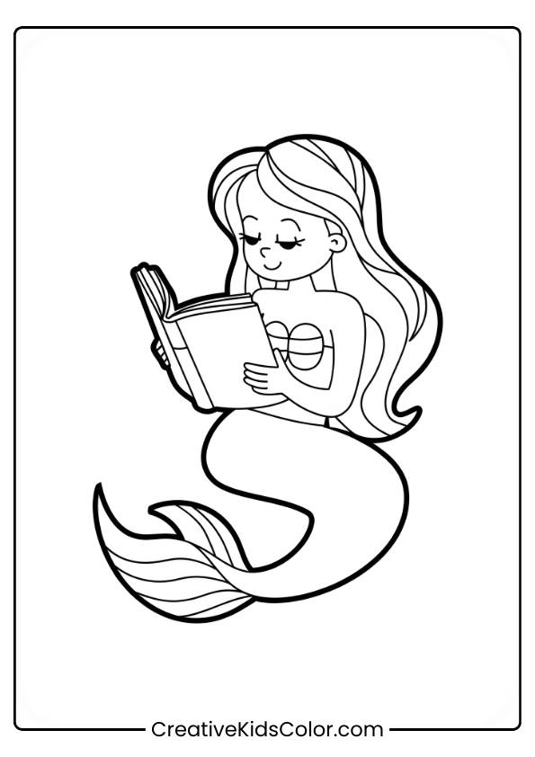 Mermaid Reading A Book Underwater With Her Tail Curled Beneath Her In This Peaceful Coloring Page.