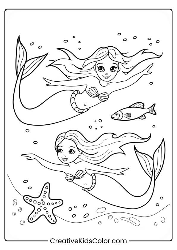 Two Mermaid Sisters Swimming Underwater, Surrounded By Small Fish And Bubbles In This Ocean-Themed Coloring Page.