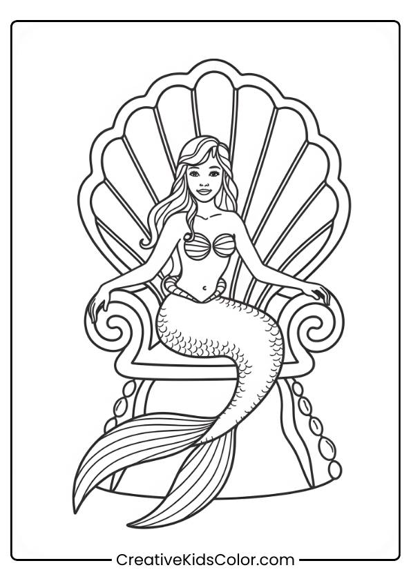 Mermaid Sitting On A Seashell Throne With Long Flowing Hair And A Scaly Tail In This Majestic Coloring Page.