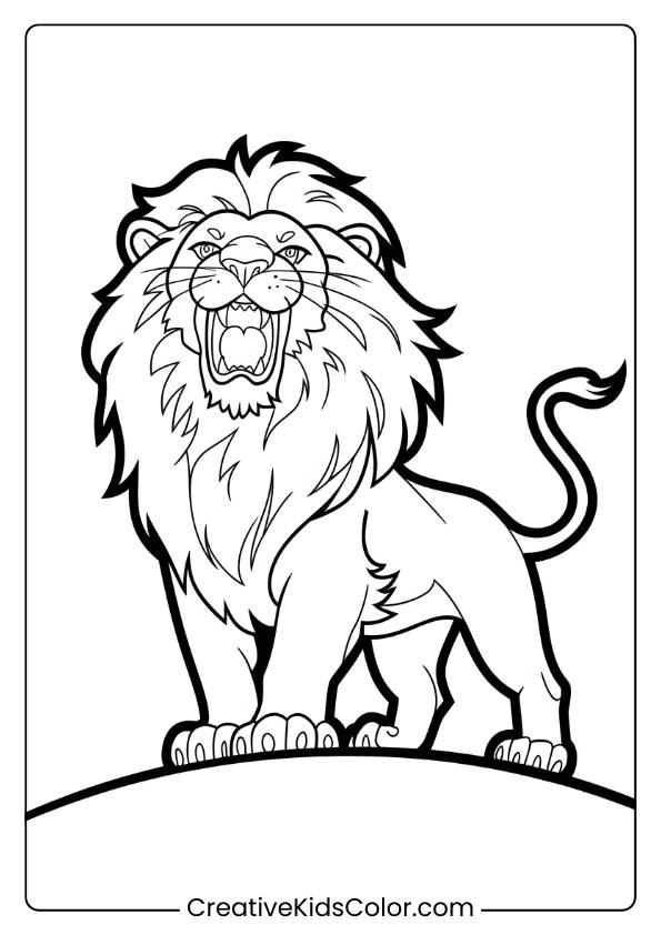 A Majestic Lion Roaring On A Hill, Showcasing Its Strength And Pride In This Exciting Lion Coloring Page For Kids.