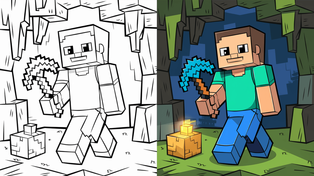 Ausmalbild Cover Mit Einer Minecraft Figur. Die Linke Seite Ist Unbemalt, Die Rechte Seite Vollständig Koloriert Mit Werkzeugen Und Einem Wald.