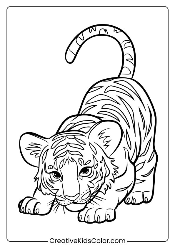 Mischievous Tiger Cub Coloring Page Showing A Crouching Cub With Curious Eyes And Detailed Stripes.