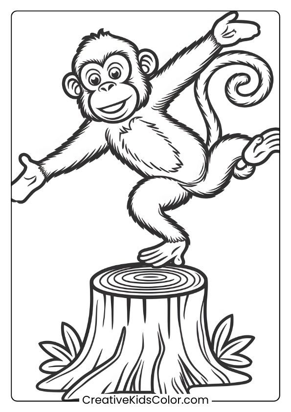 Coloring Page Of A Monkey Balancing On A Tree Stump, Looking Cheerful With Outstretched Arms.