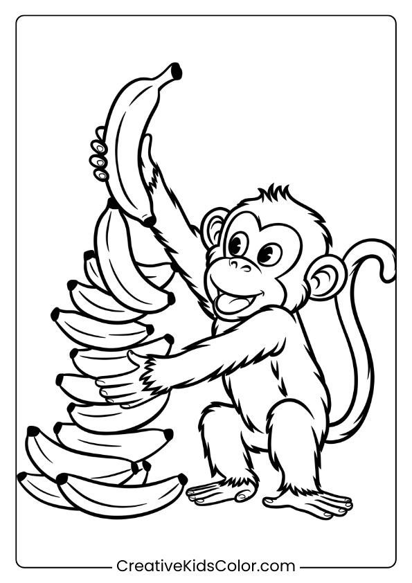 This Coloring Page Shows A Cheerful Monkey Building A Tall Stack Of Bananas, Happily Focused On Its Creation.