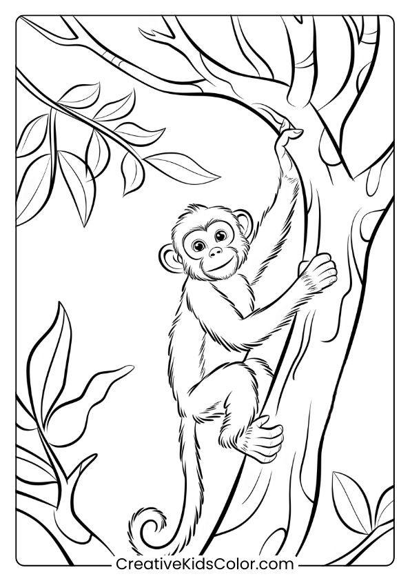This Coloring Page Shows A Curious Young Monkey Climbing A Leafy Tree Branch With Ease.