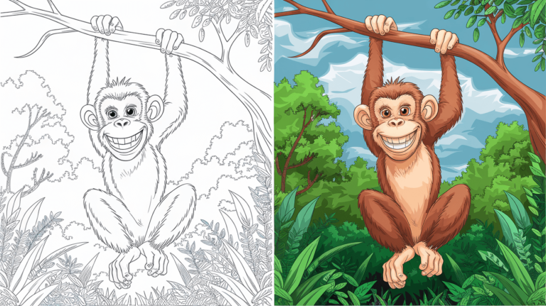 Coloring Page Cover Of A Monkey Hanging From A Tree Branch In A Lush Forest; Cheerful Expression With Dense Foliage, Trees, And A Sky With Fluffy Clouds, Including A Black And White Sketch For Coloring.