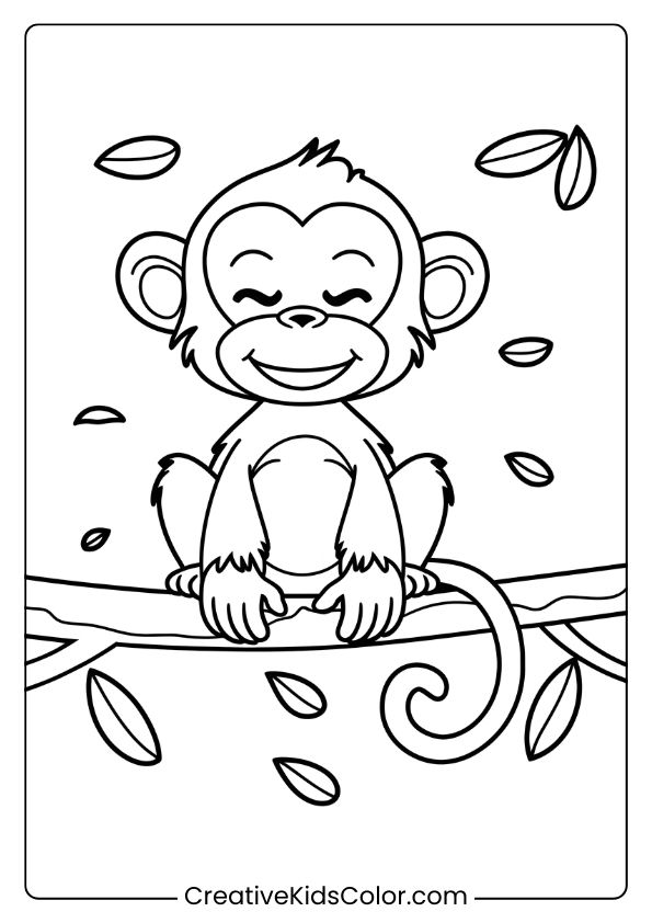 A Jungle-Themed Coloring Page Of A Happy Monkey Sitting On A Branch, Enjoying A Gentle Breeze.