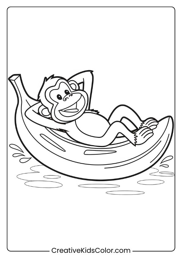 This Coloring Page Shows A Joyful Monkey Relaxing On A Banana Boat, Surrounded By Gentle Waves.