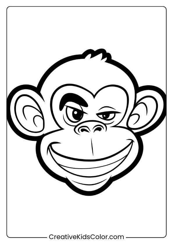 Coloring Page Of A Stylized Monkey Face With A Mischievous Grin, Conveying Playful Charm.