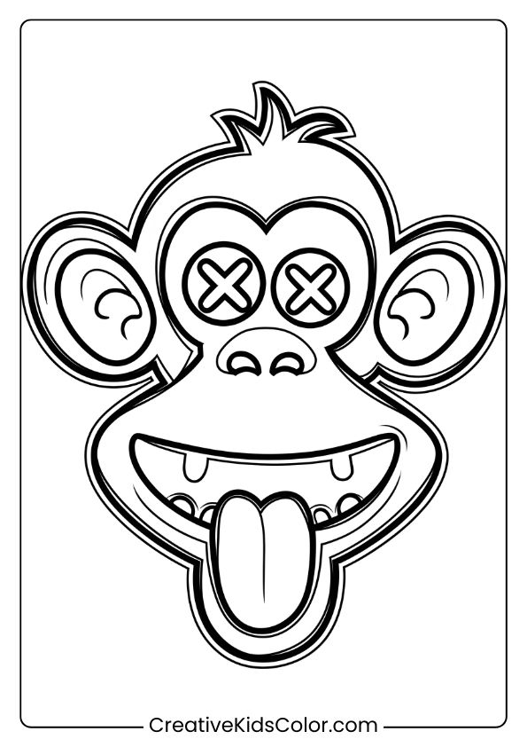 Coloring Page Of A Cartoon Monkey Face Making A Silly Expression With Large Eyes And A Broad Smile.
