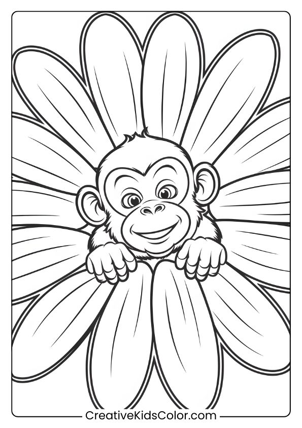 Coloring Page Of A Cheerful Monkey Peeking Out From A Large Flower, Surrounded By Vibrant Petals.