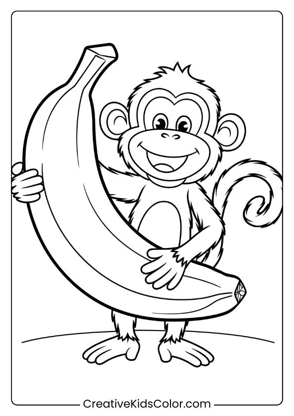 This Coloring Page Depicts A Happy Monkey Holding A Giant Banana, Smiling Widely In Delight.