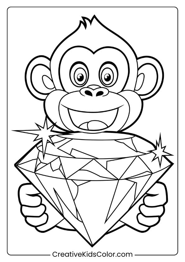 This Coloring Page Shows A Cheerful Monkey Holding A Sparkling Gem, Creating A Fun And Exciting Scene.