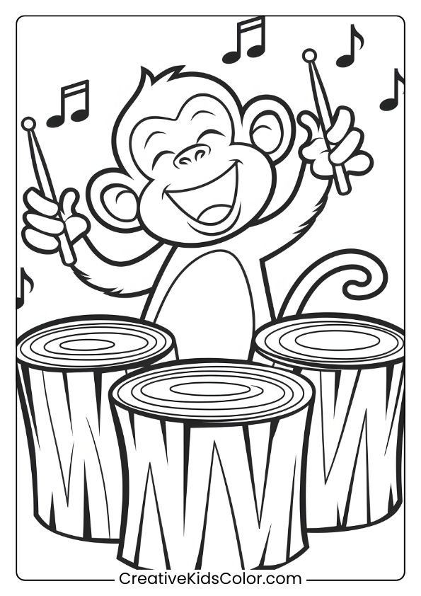 Coloring Page Of A Monkey Drumming On Tree Trunks, Surrounded By Musical Notes In A Lively, Joyful Scene.