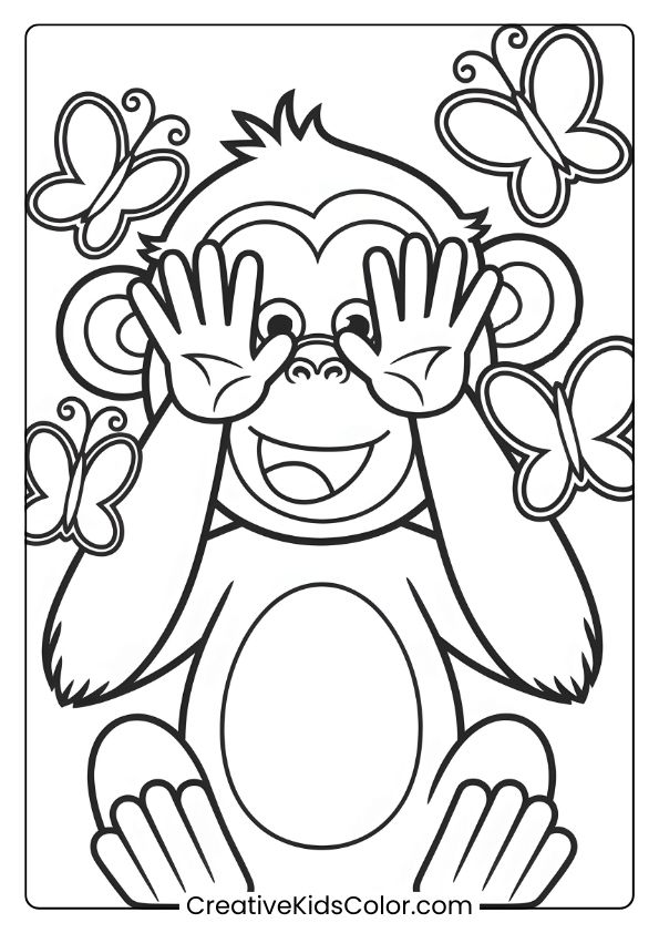 A Coloring Page Of A Happy Monkey Playing Peek-A-Boo With Butterflies, Giving A Whimsical And Joyful Vibe.
