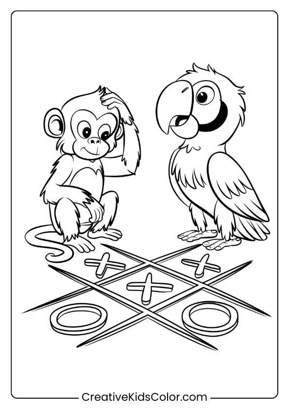This Coloring Page Features A Monkey And Parrot Playing Tic-Tac-Toe, Creating A Fun And Friendly Moment.