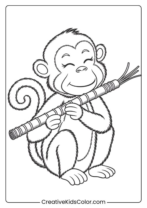 This Coloring Page Shows A Content Monkey Playing A Flute, Adding A Musical Touch To The Jungle Scene.