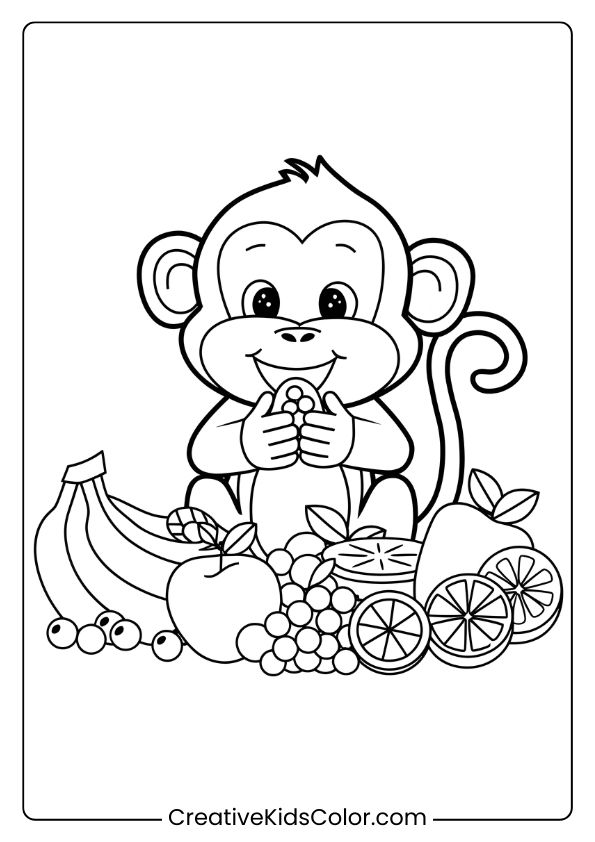 A Coloring Page Showing A Happy Monkey Surrounded By Fruits, Eagerly Tasting Each One With Delight.