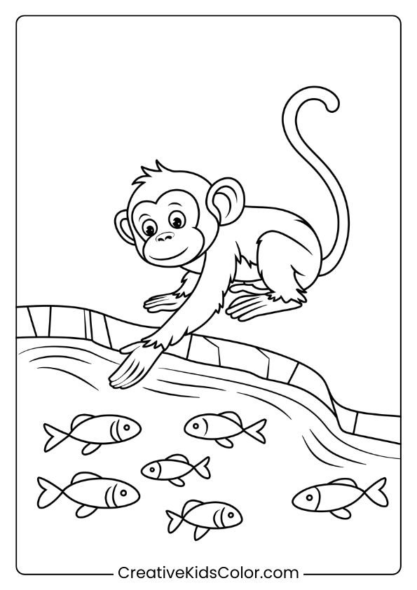 Coloring Page Of A Curious Monkey Observing Fish In A Stream, Reaching Out With A Sense Of Wonder.