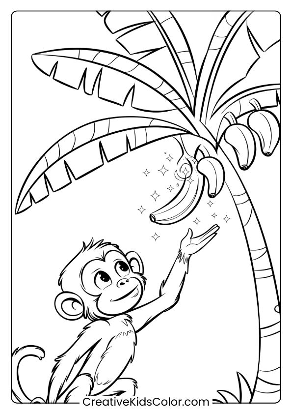 A Coloring Page Featuring A Curious Monkey Reaching For A Magical Banana On A Leafy Tree.