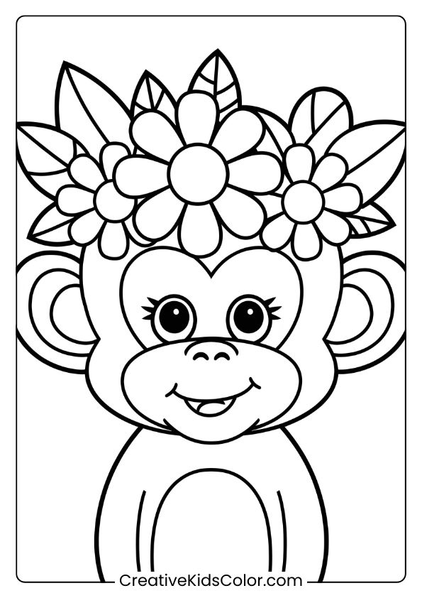 This Coloring Page Shows A Cheerful Monkey With A Crown Of Flowers, Creating A Playful And Festive Look.