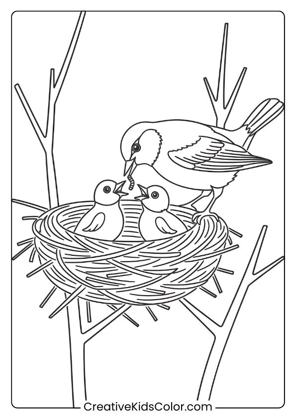 A Mother Bird Feeding Her Chicks In A Nest, Perfect For A Nature-Themed Bird Coloring Page For Kids.