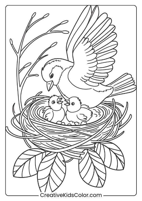 A Mother Bird With Chicks In A Nest, Ideal For A Family-Oriented Bird Coloring Page.