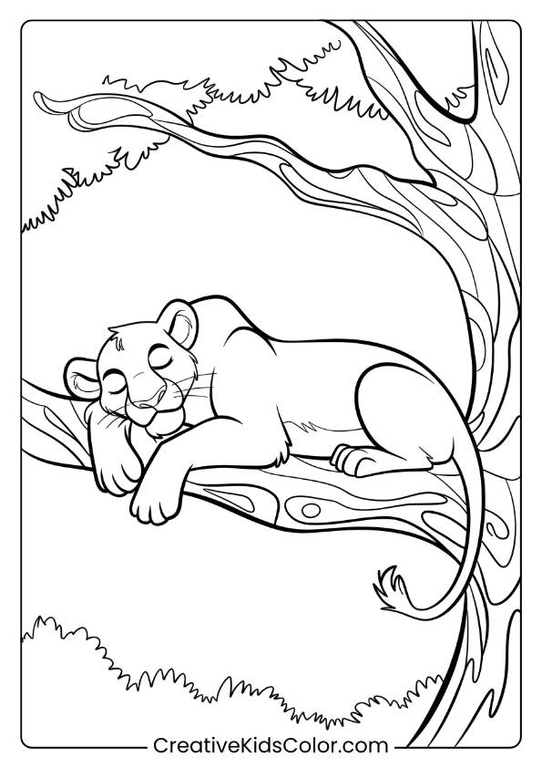 A Lion Resting On A Detailed Tree Branch, Creating A Relaxing Scene For Children To Color In This Beautiful Lion Coloring Page.