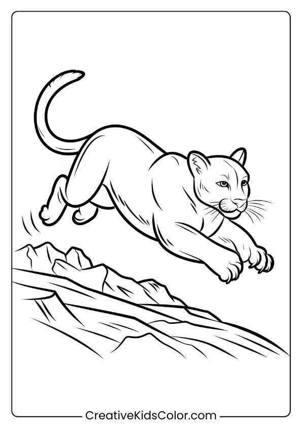 A Mountain Lion In Mid-Leap Over Rocks, Featured In This Detailed Coloring Page For Children To Explore.