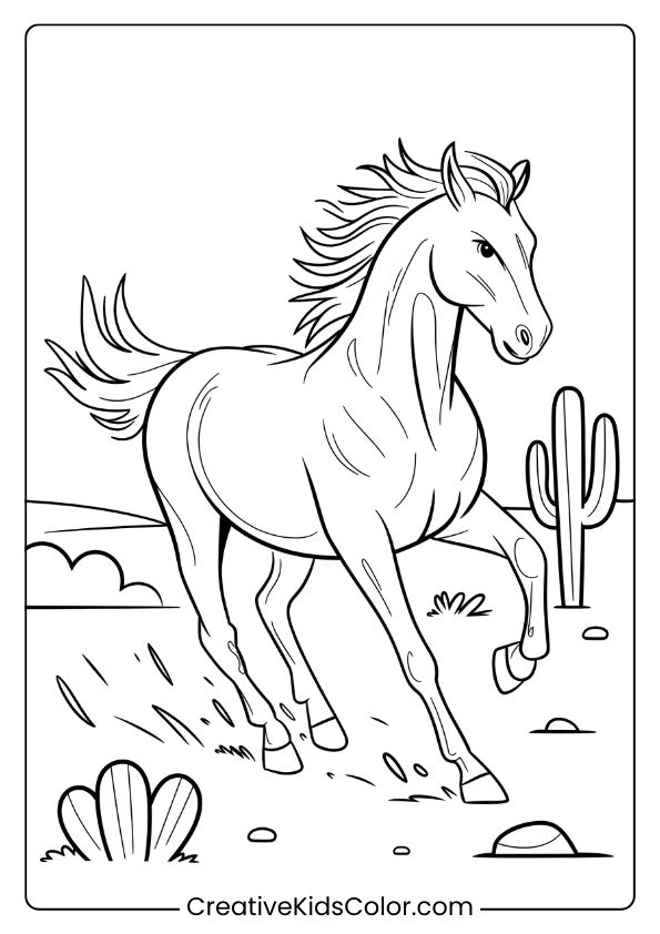 A Mustang Horse Running In The Desert, Capturing The Untamed Spirit In A Coloring Page.