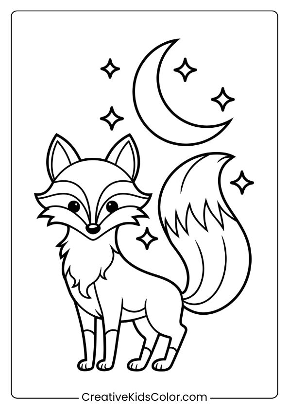 Fox Coloring Page Of A Mystical Fox Under The Moonlight, Standing With A Fluffy Tail And Surrounded By Stars In A Night Forest.